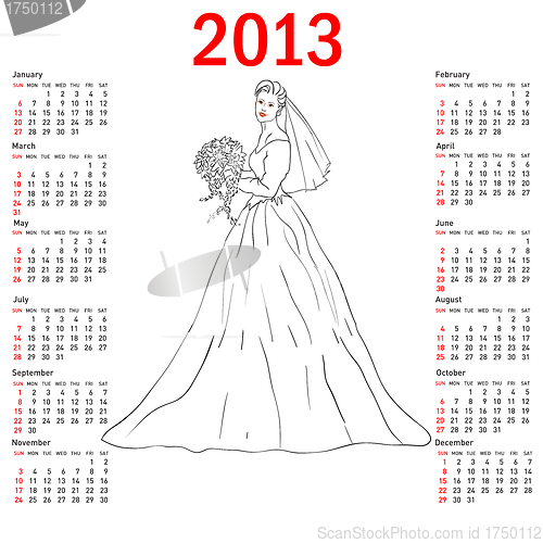 Image of Stylish calendar Bride in wedding dress white with bouquet for 2