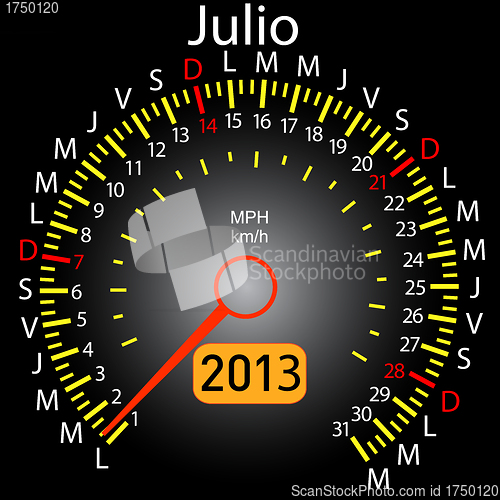 Image of 2013 year calendar speedometer car in Spanish. July