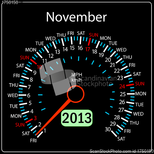 Image of 2013 year calendar speedometer car in vector. November.