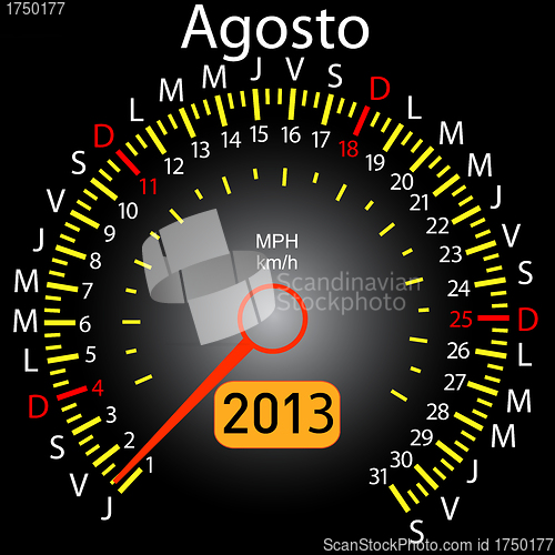 Image of 2013 year calendar speedometer car in Spanish. August