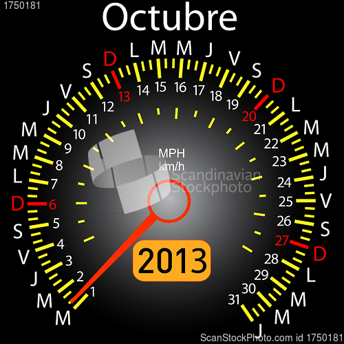 Image of 2013 year calendar speedometer car in Spanish. October