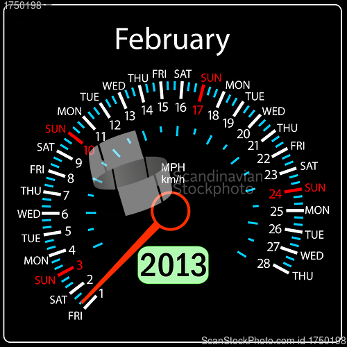 Image of 2013 year calendar speedometer car in vector. February.