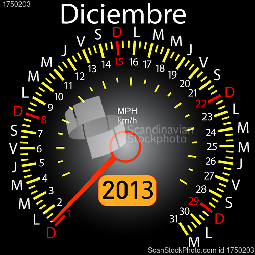 Image of 2013 year calendar speedometer car in Spanish. December