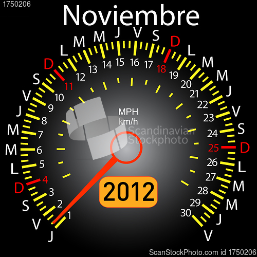 Image of 2012 year calendar speedometer car in Spanish. November