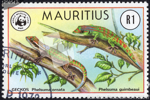 Image of A Stamp from Mauritius showing Two Geckos