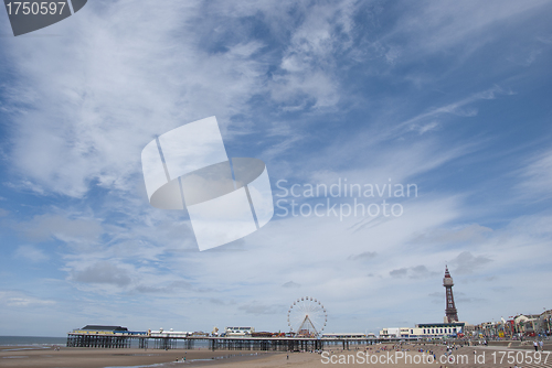 Image of Blackpool Tower and Central Pier from the beach