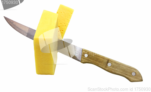 Image of cheese whith knife on the white background