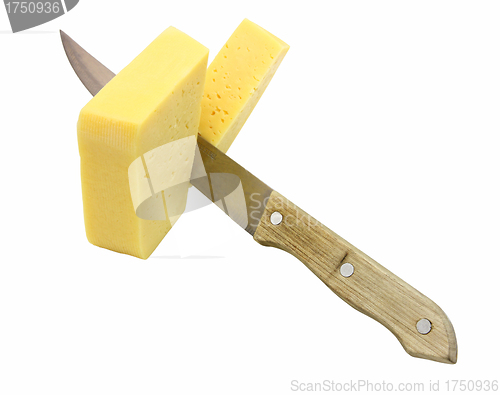 Image of cheese whith knife on the white background