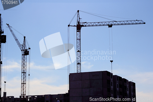 Image of crane and blue sky on building site
