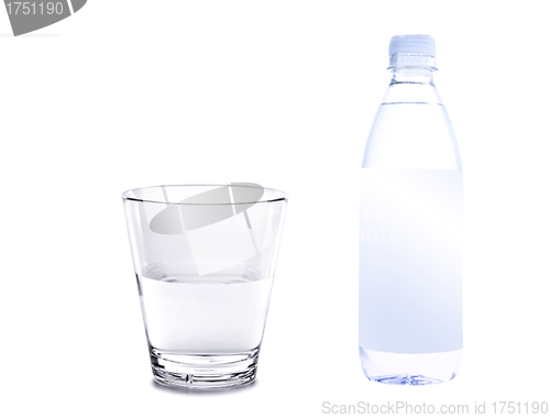 Image of water in plastic bottle with glass isolated on white background