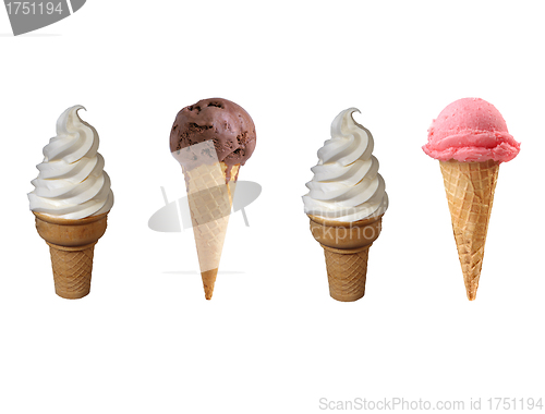 Image of Assorted ice cream in sugar cones isolated