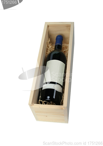 Image of Red wine bottle in wooden box with soft shadow