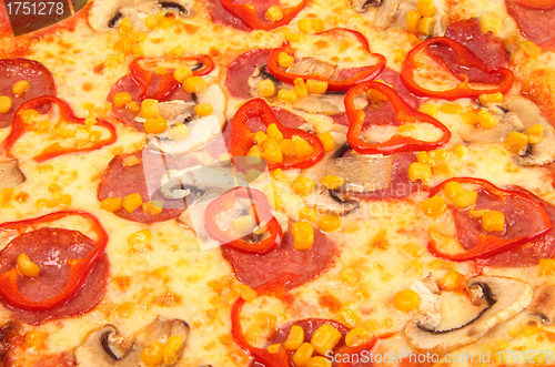 Image of A Pepperoni pizza with corn background