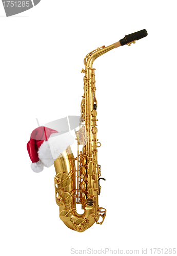 Image of saxophone with santa hat