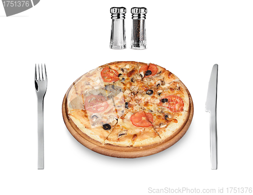 Image of Pizza and fork, knife isolated on white