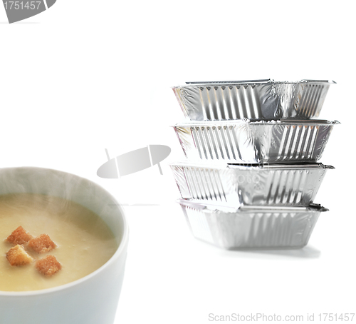 Image of square foil catering tray and soup