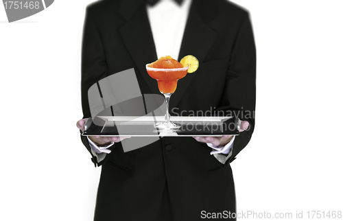 Image of Waiter holding cocktail on silver tray