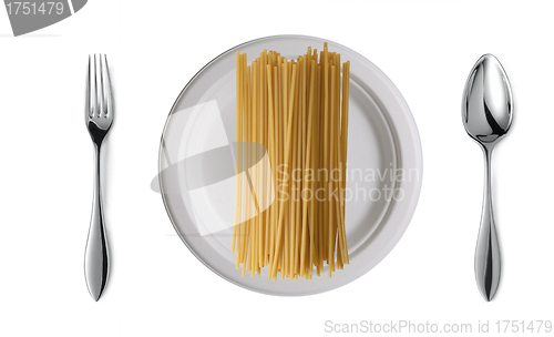 Image of plate with raw spaghetti on white background