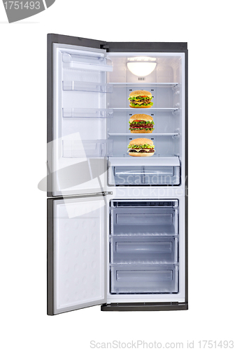 Image of three cheeseburgers in empty refrigerator