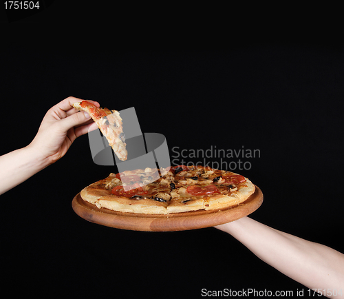 Image of pizza plate on the human hand