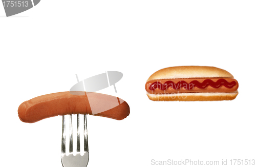 Image of Grilled hot dog with sausage on fork