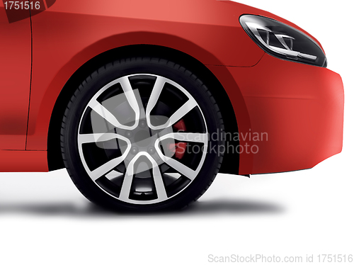 Image of Cherry red car front detail with big light-alloy wheel