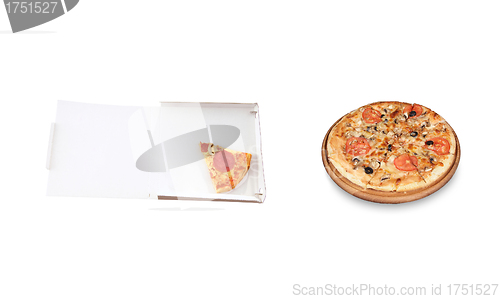 Image of slice pizza in a takeaway box and big pizza on plate