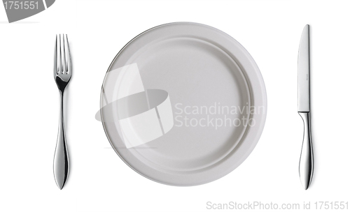 Image of Place setting with high-gloss plate, knife & fork.