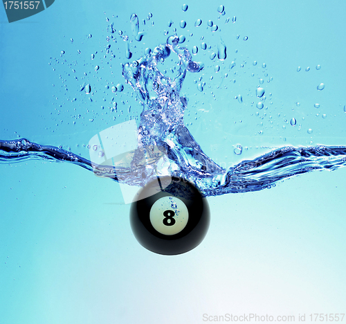 Image of Pool ball eight with splash of water