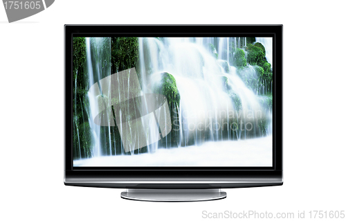 Image of wide screen tv display with waterfall isolated on white