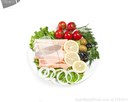 Image of raw red fish on white plate