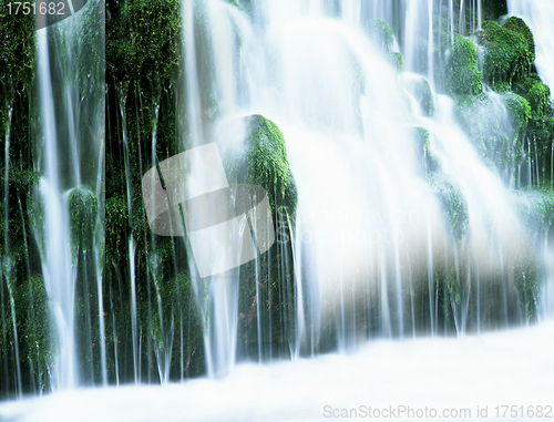 Image of closeup of water flowing over falls, time exposure