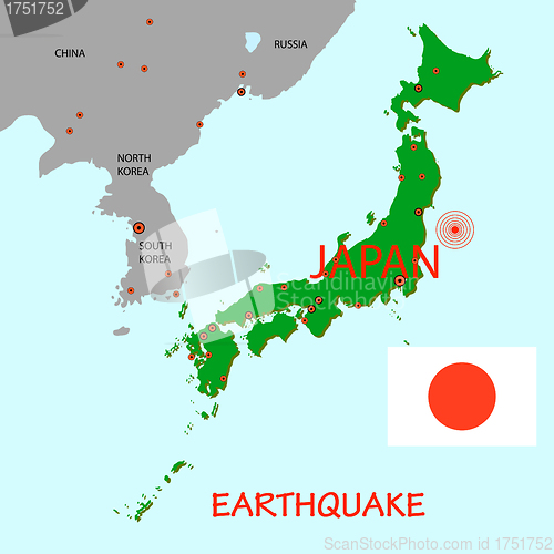 Image of Japan map with epicenter of strong earthquake