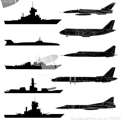 Image of A set of military aircraft, ships and submarines.