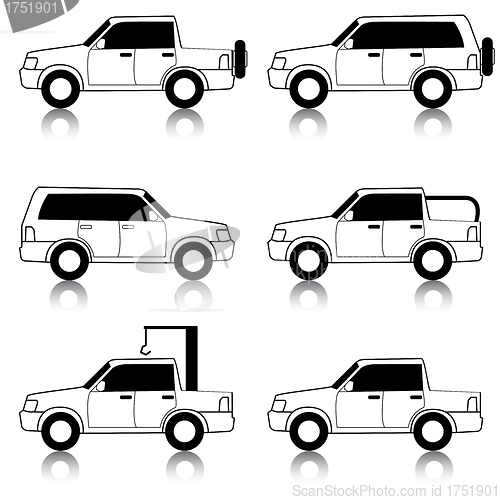 Image of Set of vector icons - transportation symbols. Black on white. Ca