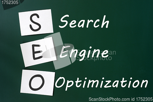 Image of Acronym of SEO - Search engine optimization written on a blackboard 