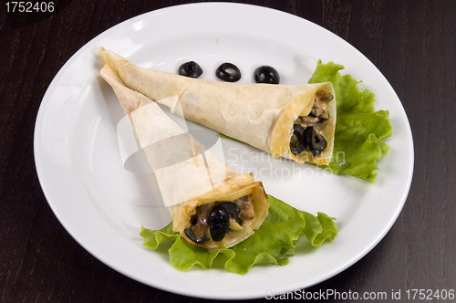 Image of Pancakes with mushrooms and olives.