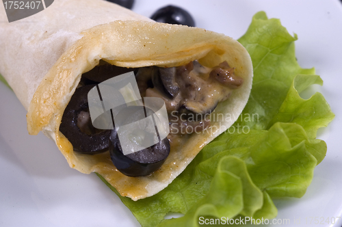 Image of Pancakes with mushrooms and olives.