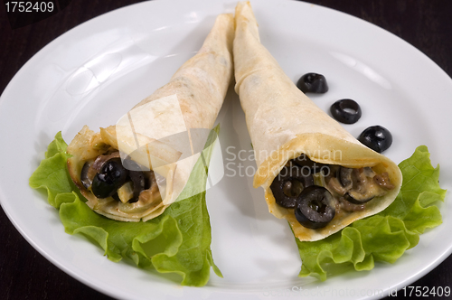 Image of Pancakes with mushrooms and olives.