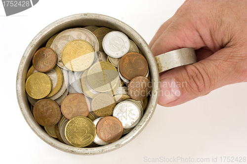 Image of Old aluminum mug and coins.