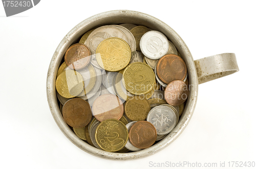 Image of Old aluminum mug and coins.