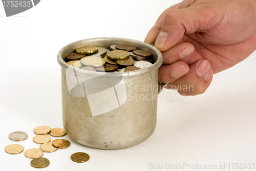 Image of Old aluminum mug and coins.