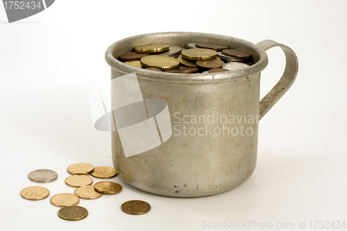 Image of Old aluminum mug and coins.