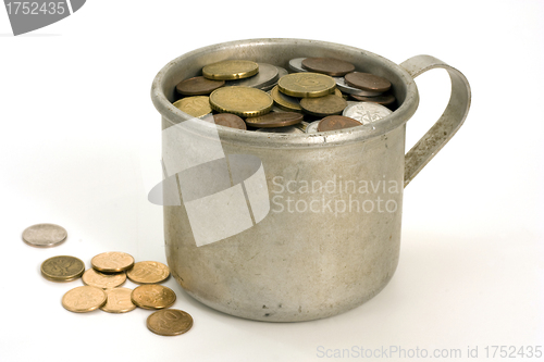 Image of Old aluminum mug and coins.