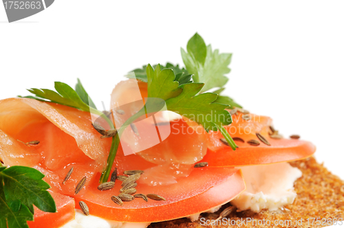 Image of Snack. Bread with feta cheese and salmon.