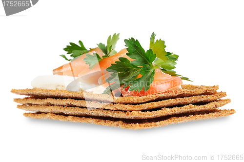 Image of Snack. Bread with feta cheese and salmon.