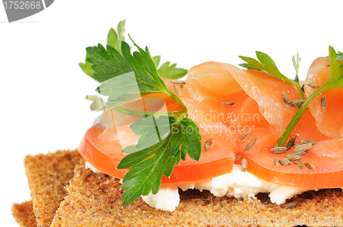 Image of Snack. Bread with feta cheese and salmon.
