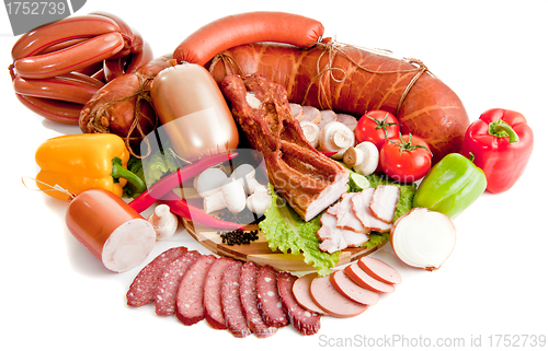 Image of sliced sausages with vegetables and red papper