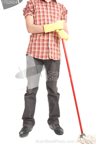 Image of man holding mop in gloves