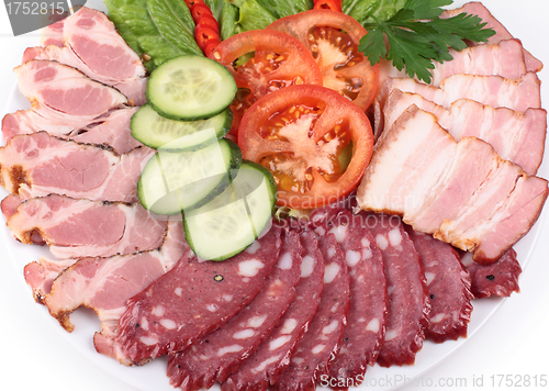 Image of various sliced sausages with vegetables